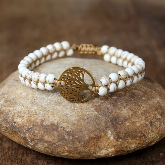 Hand Crafted Jewelry - Natural African Stone Bead Bracelet & Bangle with Tree of Life Braided Charm